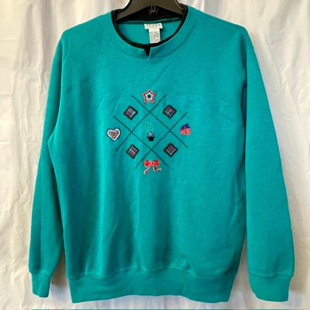 Vtg Koret Sport 90s Teal Cottagecore Folk Art Embroidered Ribbed Sweatshirt Sz M
